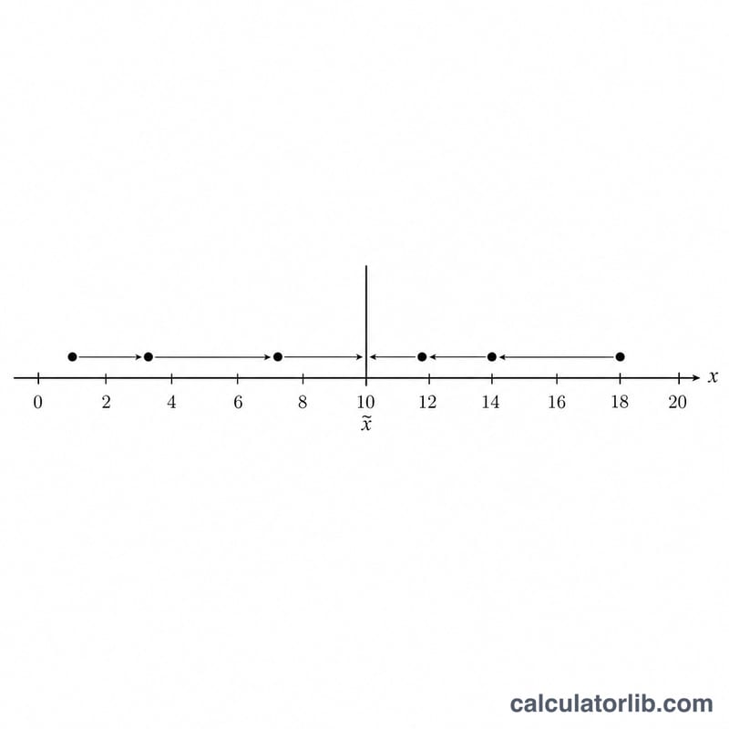Number line showing data points and their absolute distances to the median