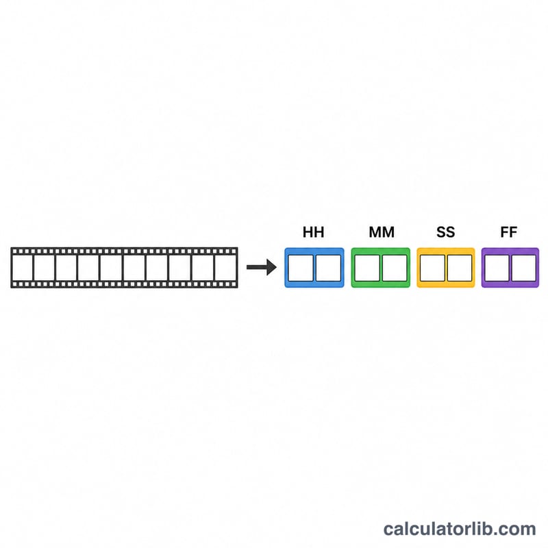 Diagram converting a strip of frames into HH:MM:SS:FF timecode segments