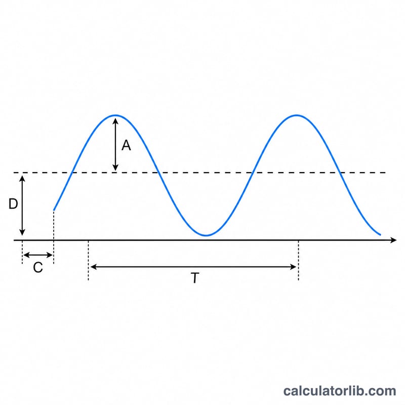 Sine wave graph showing amplitude, period, phase shift, and midline