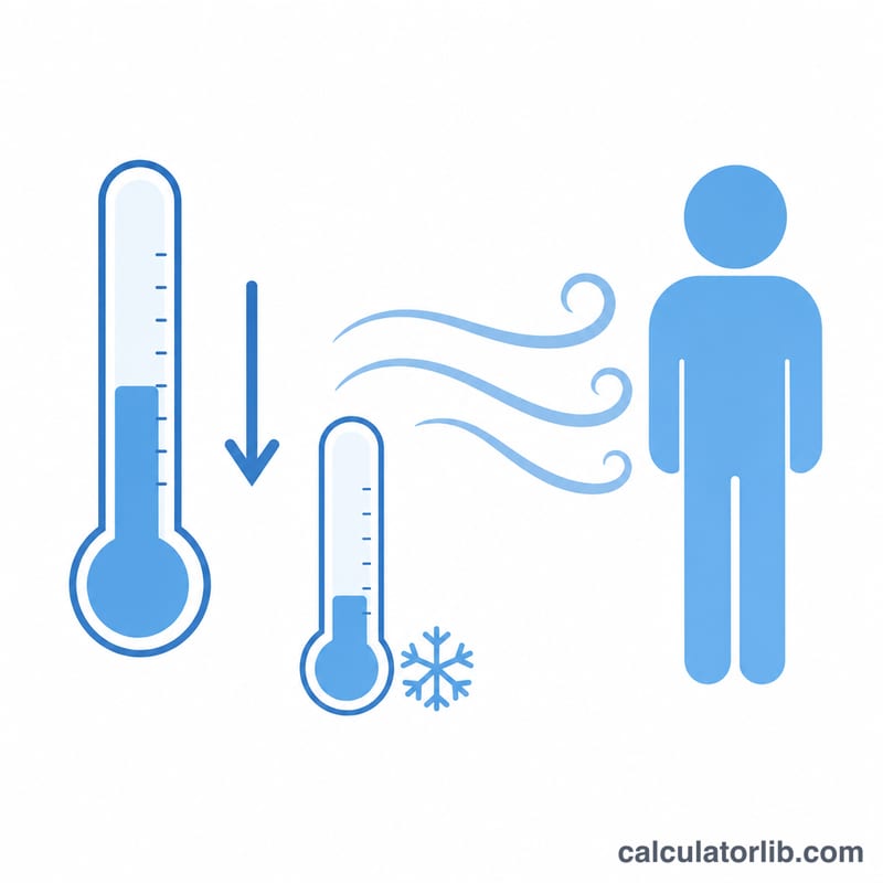 Person walking against wind with thermometer showing lower feels-like temperature