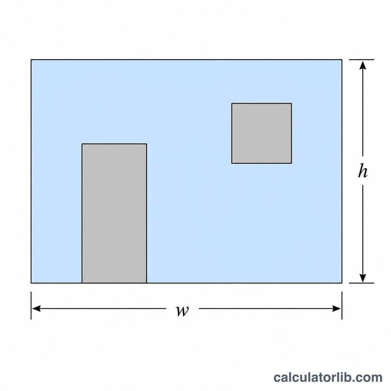 Diagram of a room wall with paintable area and a door and window subtracted