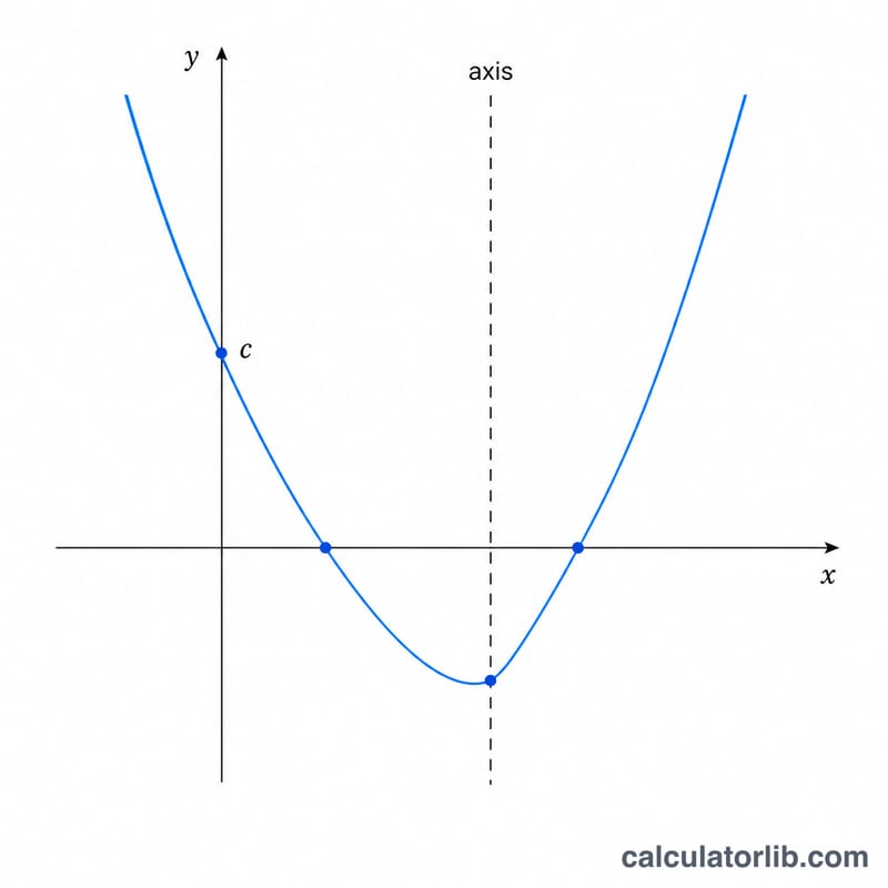 Parabola showing y-intercept, two x-intercepts, vertex and vertical axis of symmetry