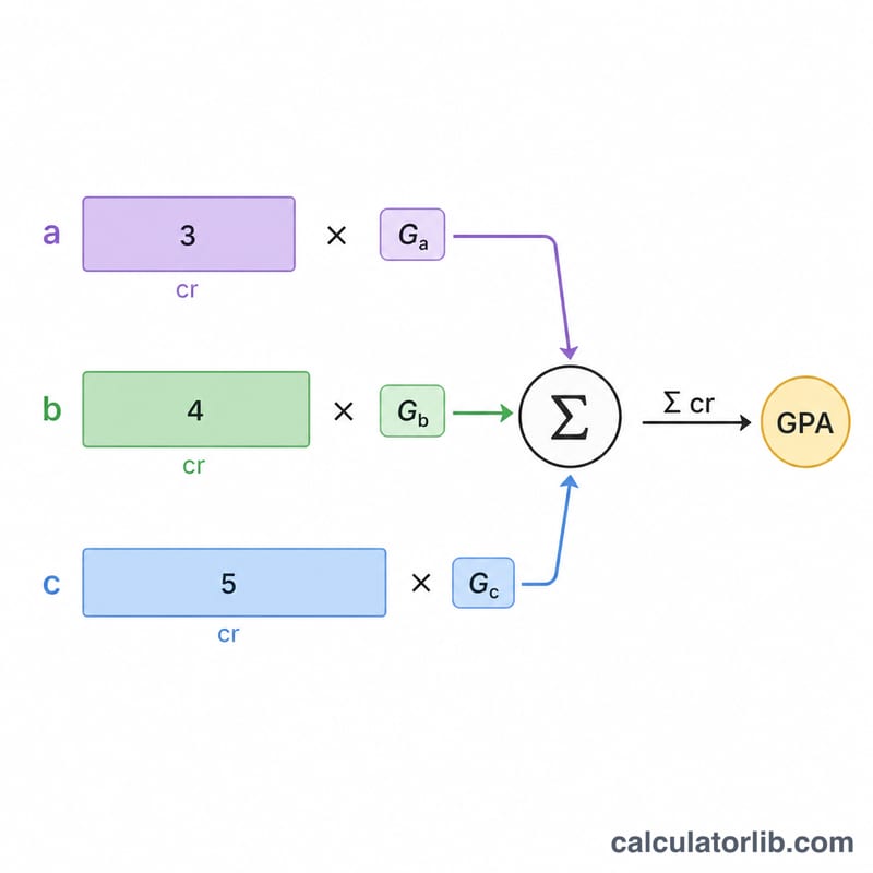 Diagram showing grade points times credits summed then divided by total credits