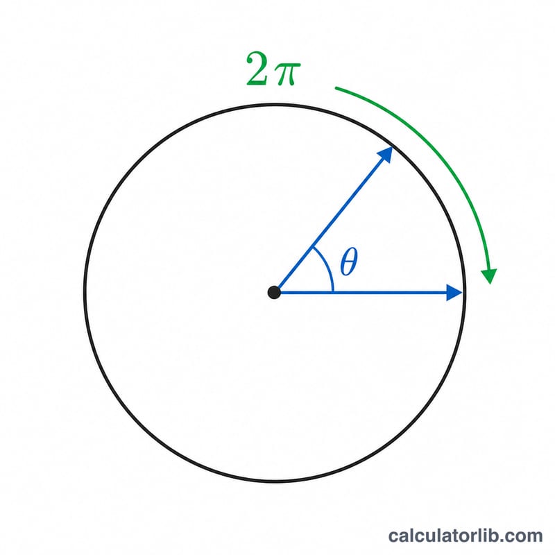 Roue en rotation montrant un tour complet comme 2 pi radians avec une flèche de rayon balayant un angle