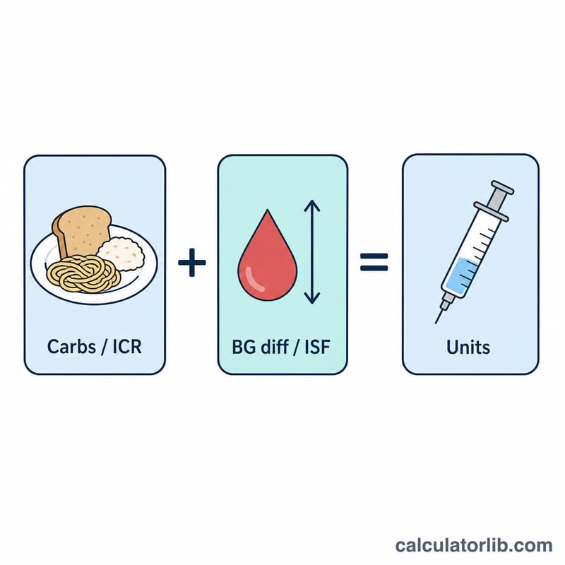 Diagram showing a mealtime insulin bolus as the sum of a carb-coverage dose and a correction dose
