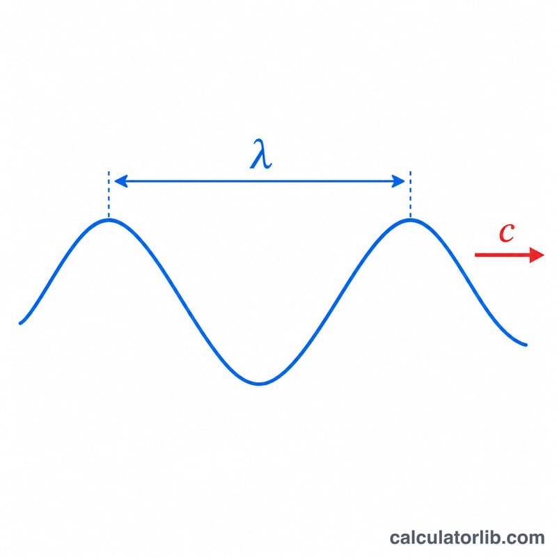 Sine wave showing wavelength lambda between two crests and propagation speed c