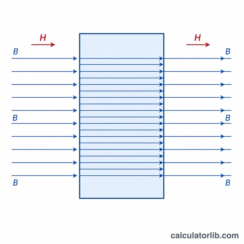 Diagram showing magnetic field lines passing through a material with denser lines inside
