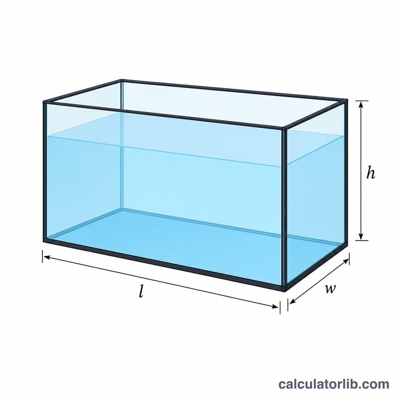 Rectangular aquarium with length, width, and height labeled