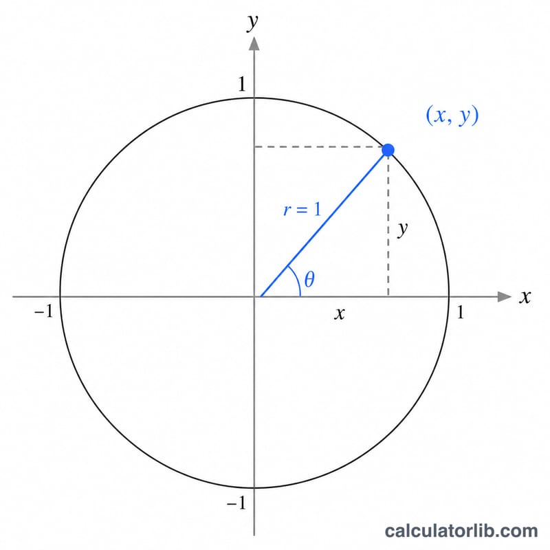 Unit circle with a radius at angle theta showing x and y coordinate legs
