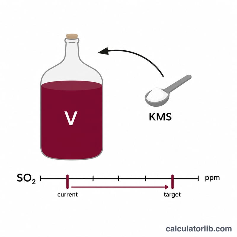 Diagram of potassium metabisulfite added to wine to raise free SO2 from current to target level