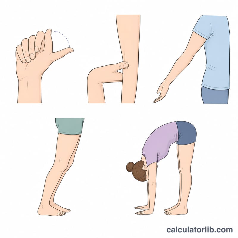 Sơ đồ năm nghiệm pháp thang điểm Beighton thể hiện cử động ngón tay, ngón cái, khuỷu tay, đầu gối và thân mình
