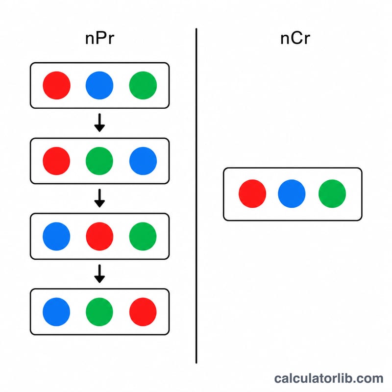 Diagram contrasting permutations and combinations of three colored items