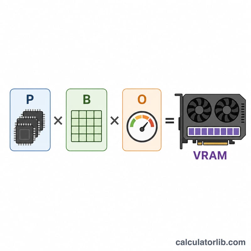 Diagram showing model parameter count multiplied by bytes per parameter and an overhead factor producing total GPU VRAM