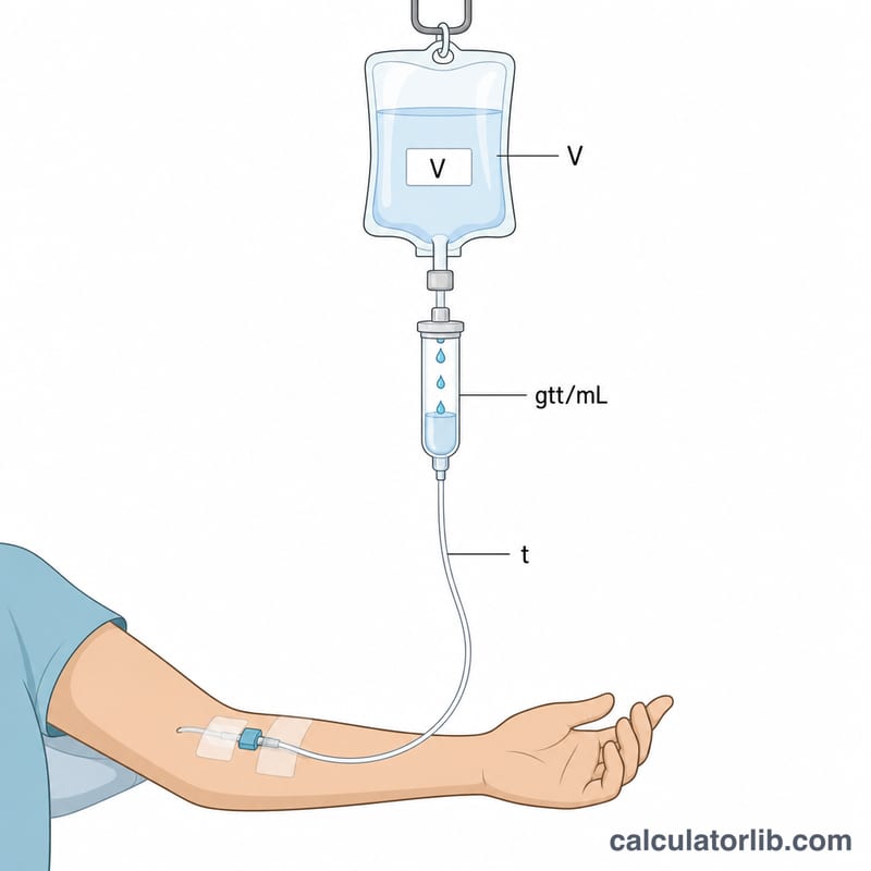 Diagram of an IV setup showing fluid bag, drip chamber with falling drops, tubing, and labeled variables for volume, drop factor, and time