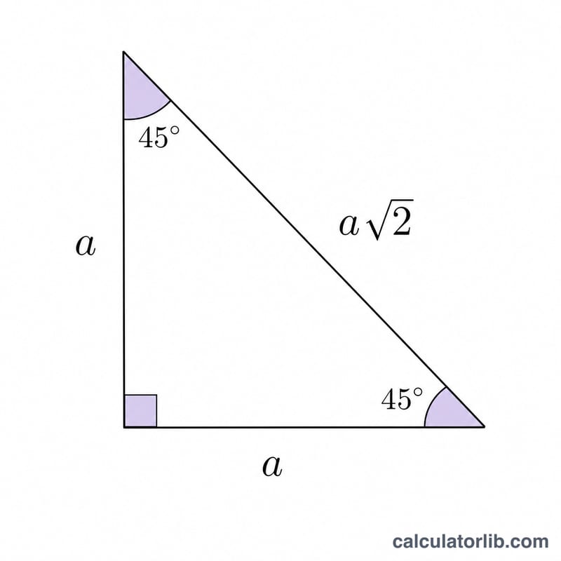 Isosceles right triangle with two equal legs labeled a, hypotenuse labeled a√2, and a right angle marked between the legs