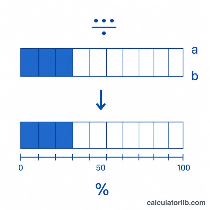 Fraction bar split into shaded and unshaded parts mapping to a percent scale