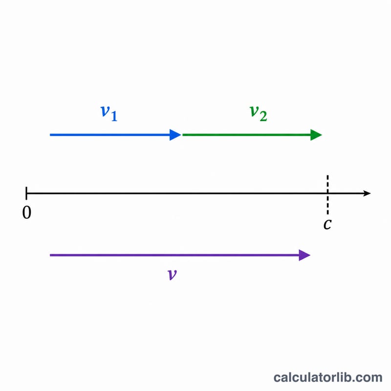 Two velocity arrows combining into a third capped below light speed