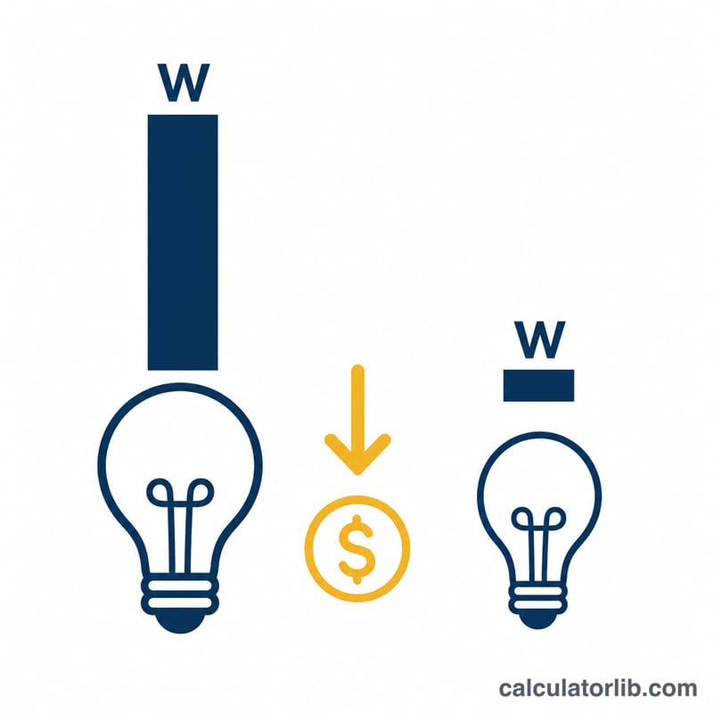 Comparison of a high-wattage bulb and a low-wattage bulb showing energy difference