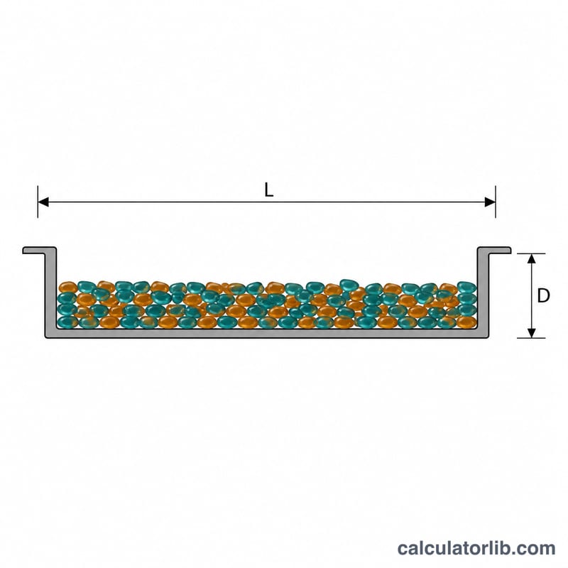 Cross-section of a rectangular fire pit filled with a layer of glass pebbles