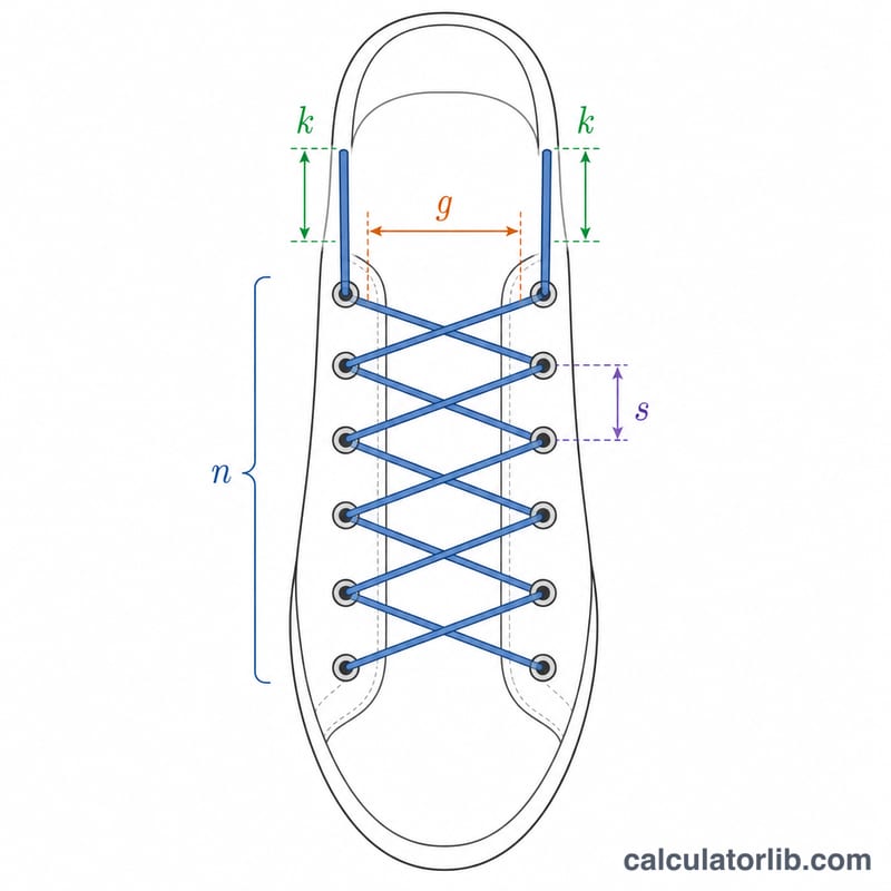 Schéma des œillets d'une chaussure montrant l'espacement s, l'écart g, les paires d'œillets n et la marge pour le nœud k