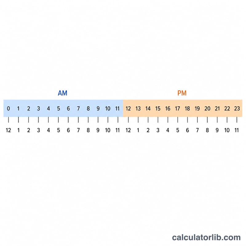 Number line mapping 24-hour values to 12-hour AM and PM ranges