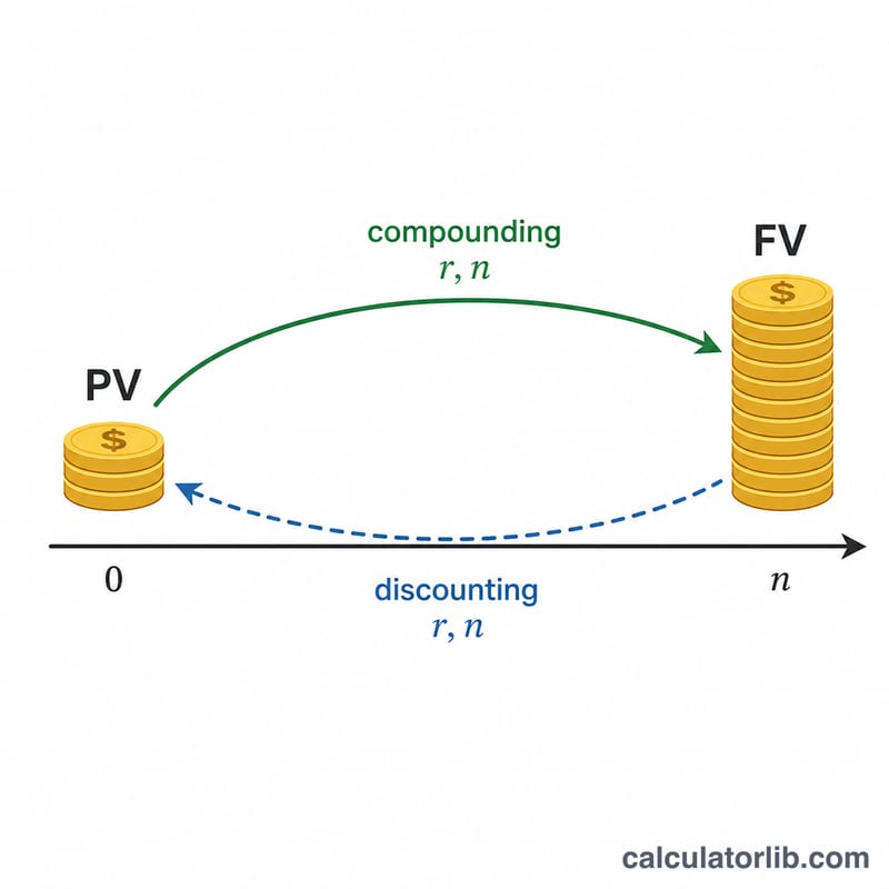 Diagram showing a small present value amount growing into a larger future value over time with annual compounding