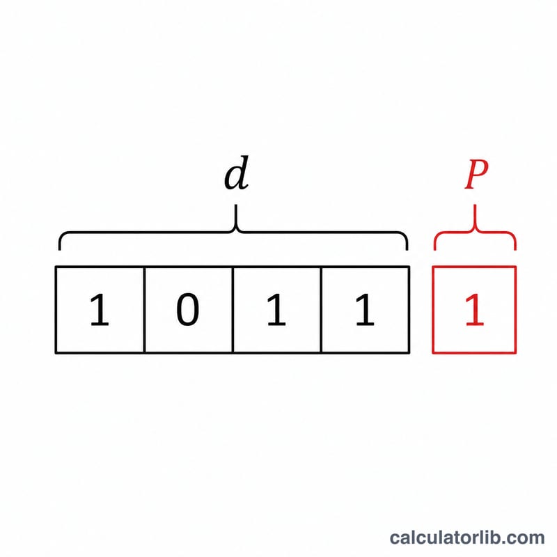 Data bits with an appended parity bit forming an odd total of ones