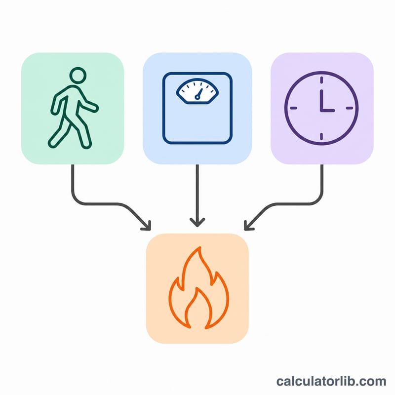 Diagram showing the MET calorie formula as connected blocks for MET, weight, and time