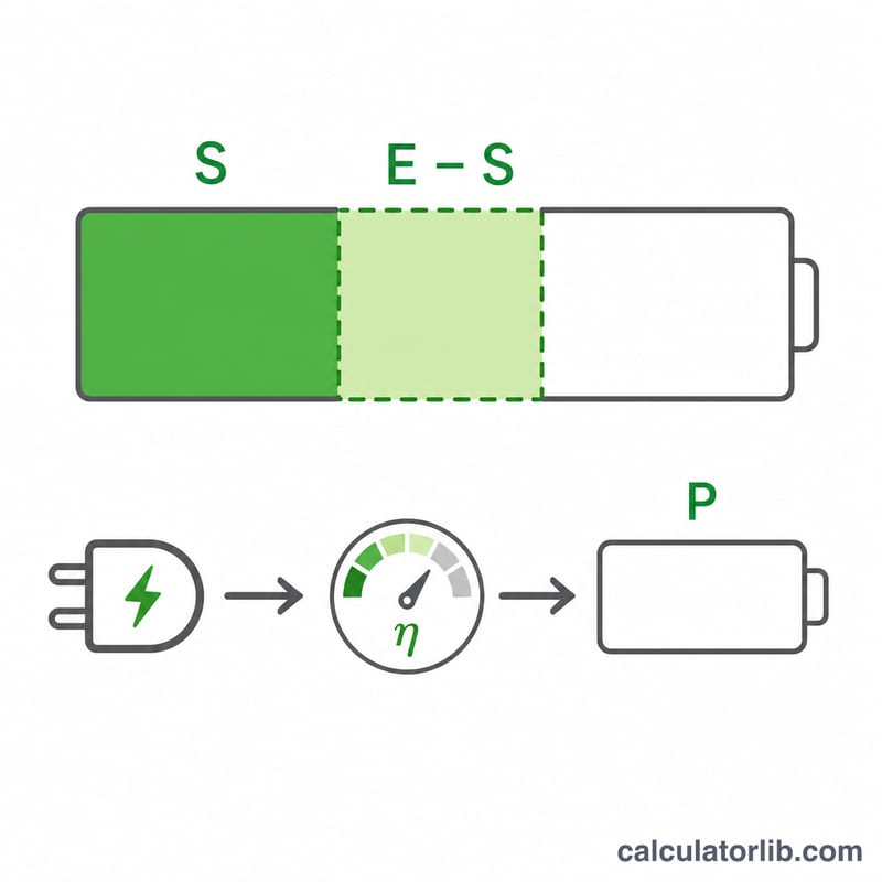 Diagram showing charging energy as the gap between start and end battery percentages divided by charger power times efficiency