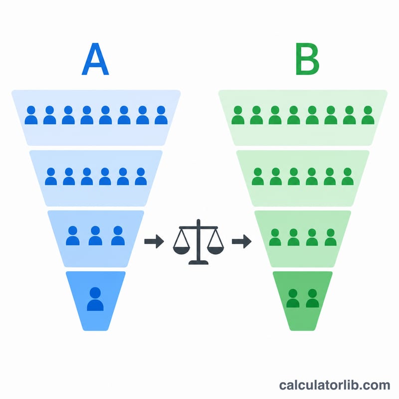 Two variant funnels A and B converting visitors into conversions, compared for a winner