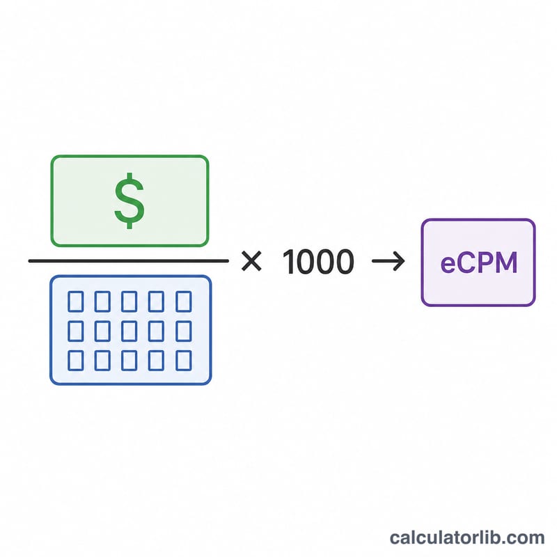 Diagram of eCPM equals revenue divided by impressions times one thousand