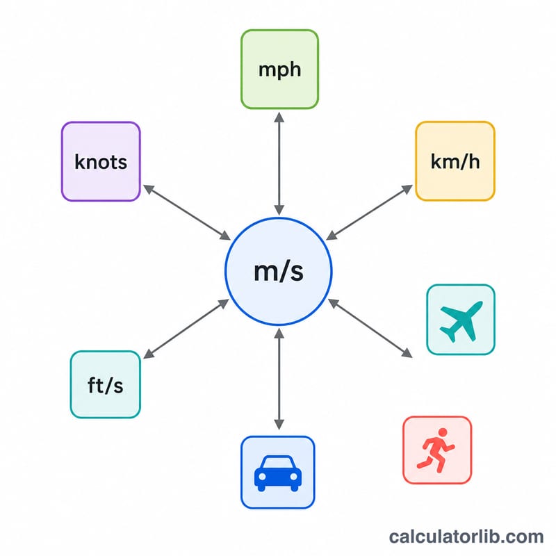 Hub-and-spoke diagram showing five speed units connecting through a central meters-per-second base unit