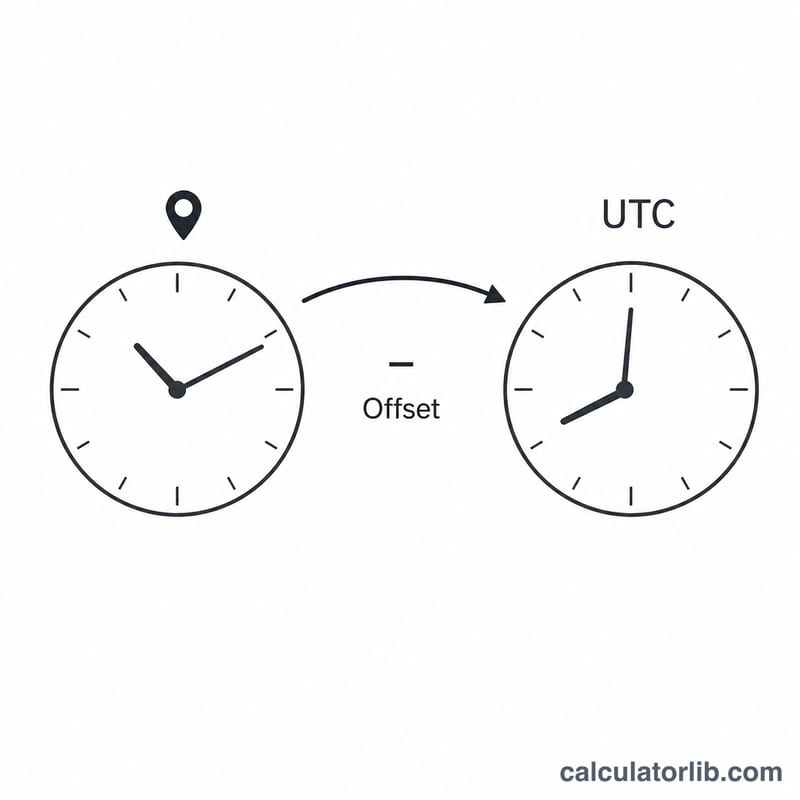 Clock dial with a curved arrow shifting by an offset to a UTC reference clock at zero