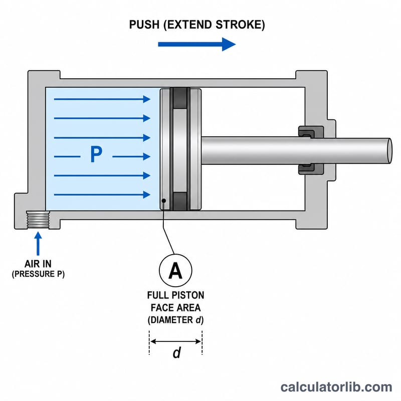 Mặt cắt xi-lanh khí nén cho thấy áp suất khí tác động lên toàn bộ diện tích piston trong hành trình đẩy