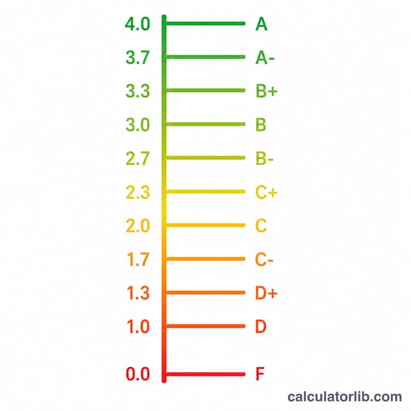 Plus/minus letter grades mapped to grade point values on a 4.0 scale
