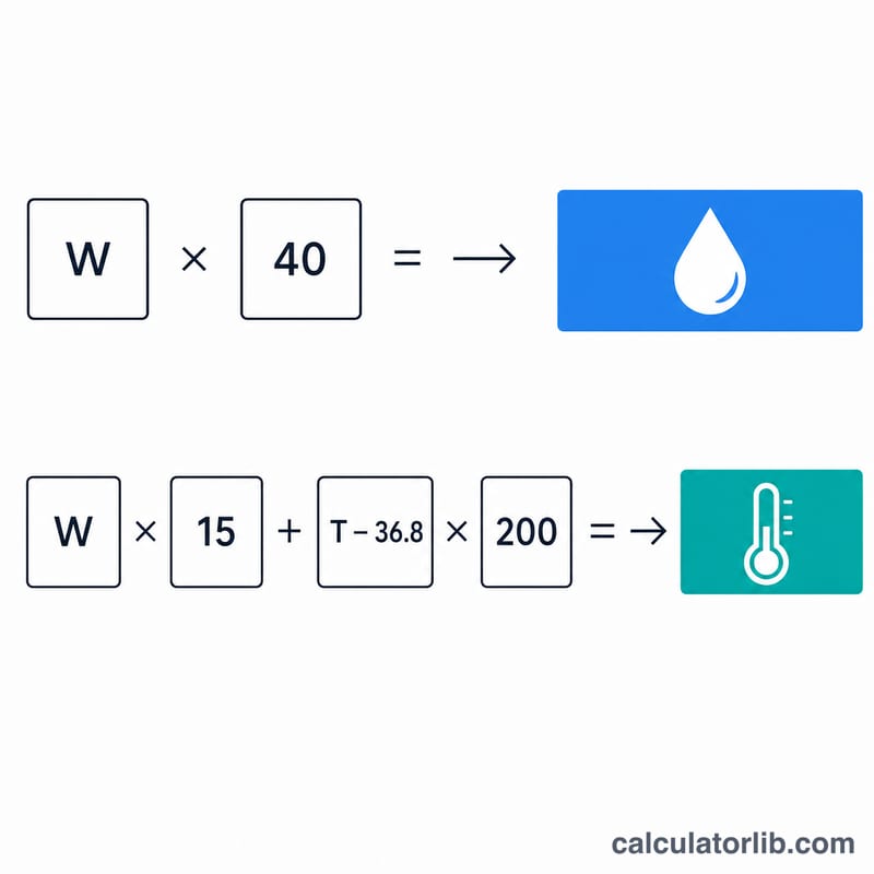 Two horizontal bar formulas: body weight times 40 for requirement, and body weight times 15 plus a temperature adjustment for evaporation