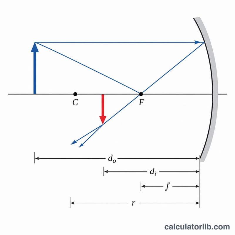 Concave mirror ray diagram showing object distance, image distance, and focal point