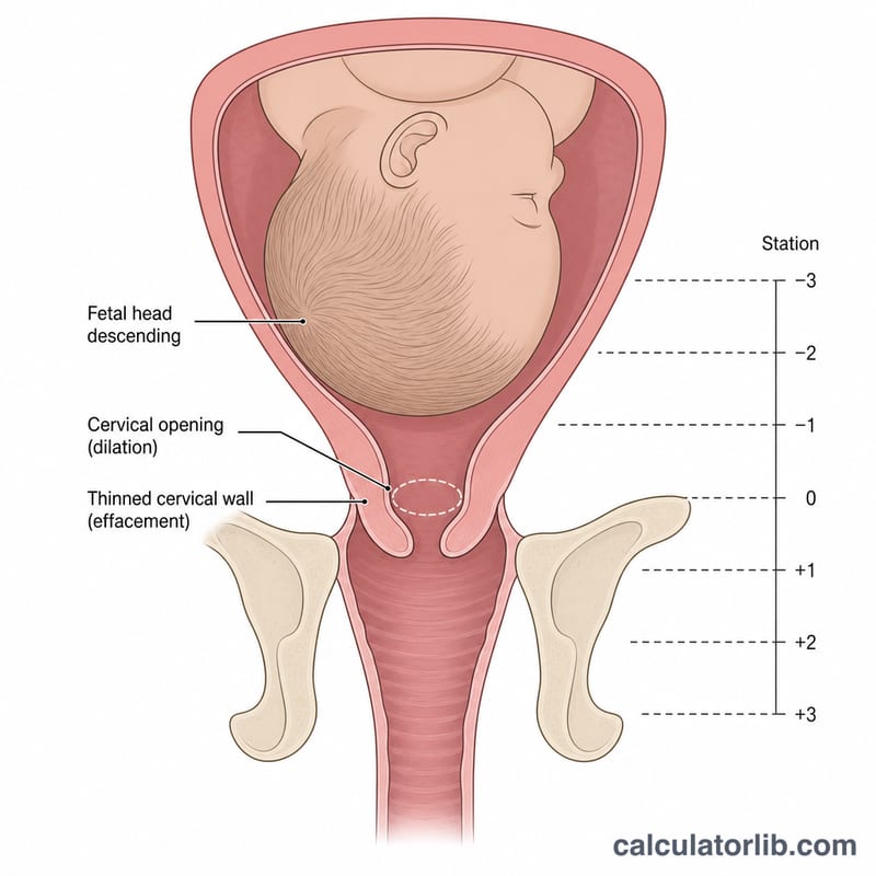 Diagram of cervix during pregnancy showing dilation, effacement, and fetal station