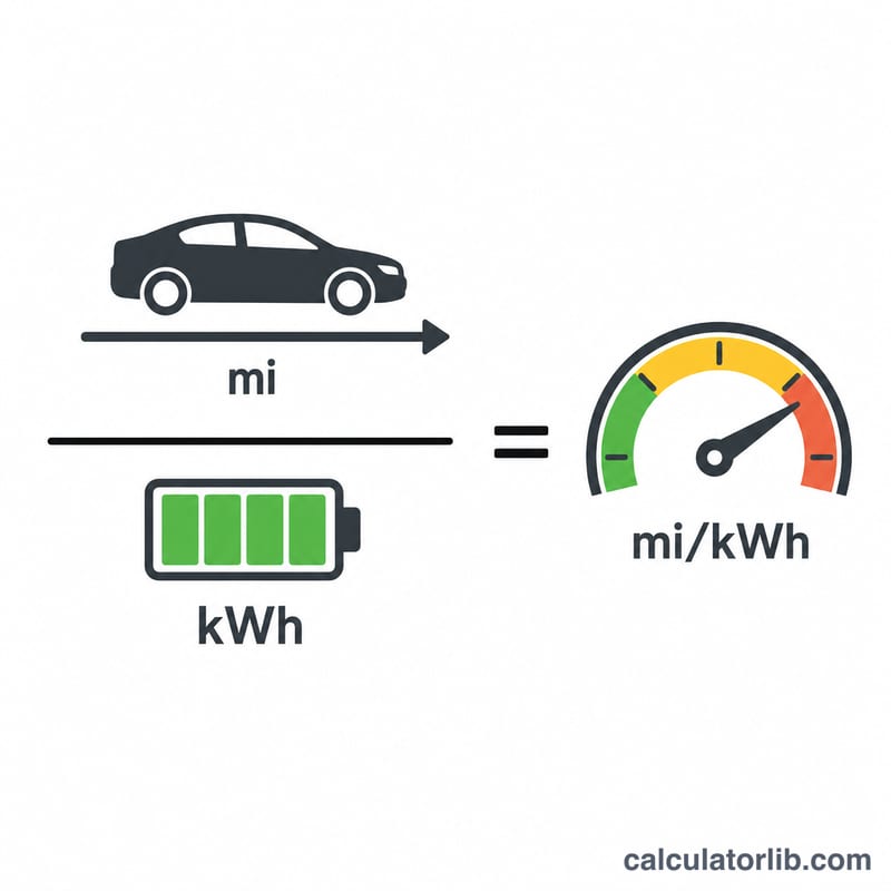 आरेख जो दिखाता है कि माइल को kWh से भाग देने पर माइल प्रति kWh दक्षता मिलती है