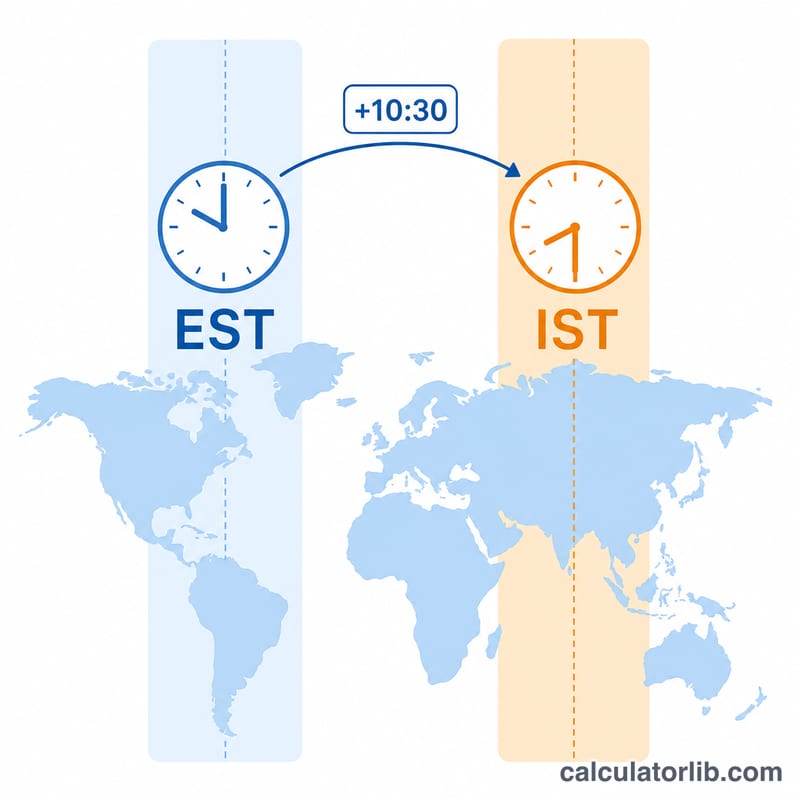 Diagram showing EST clock plus 10 hours 30 minutes equals IST clock