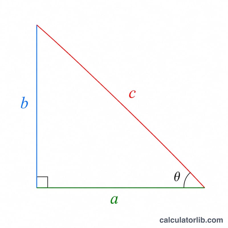 Right triangle with height b, hypotenuse c, base a, and angle theta