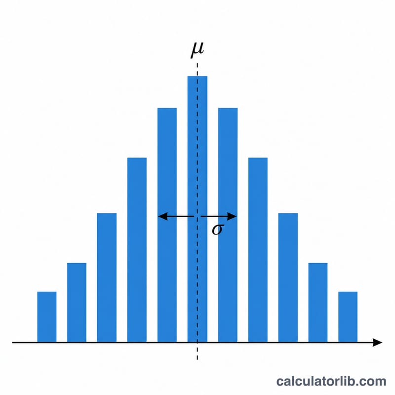 Bar chart of a binomial distribution with mean and standard deviation marked