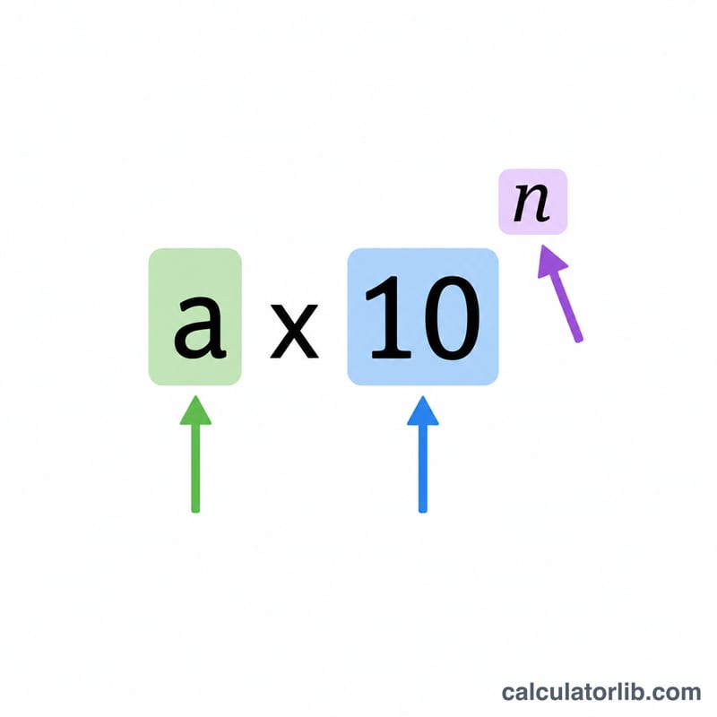 Diagram showing parts of a number in scientific notation: coefficient, base ten, and exponent
