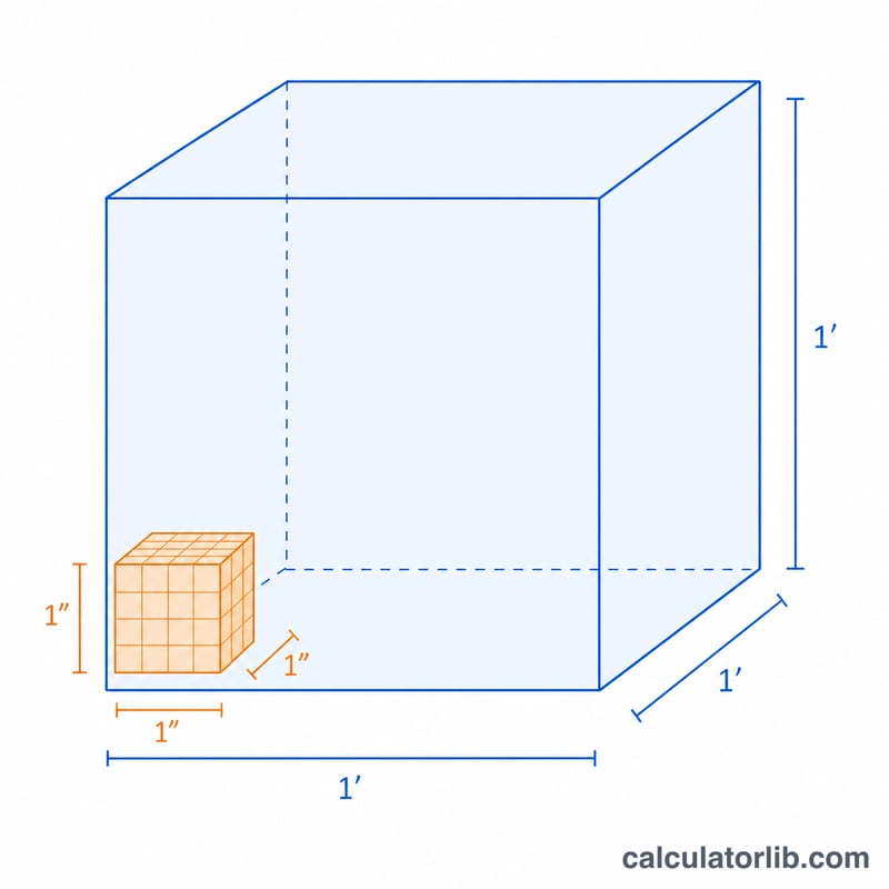 A cubic foot shown as a large cube containing many small cubic-inch unit cubes
