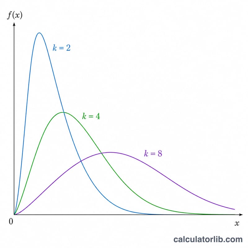 Chi-squared probability density curves for several degrees of freedom on x-y axes