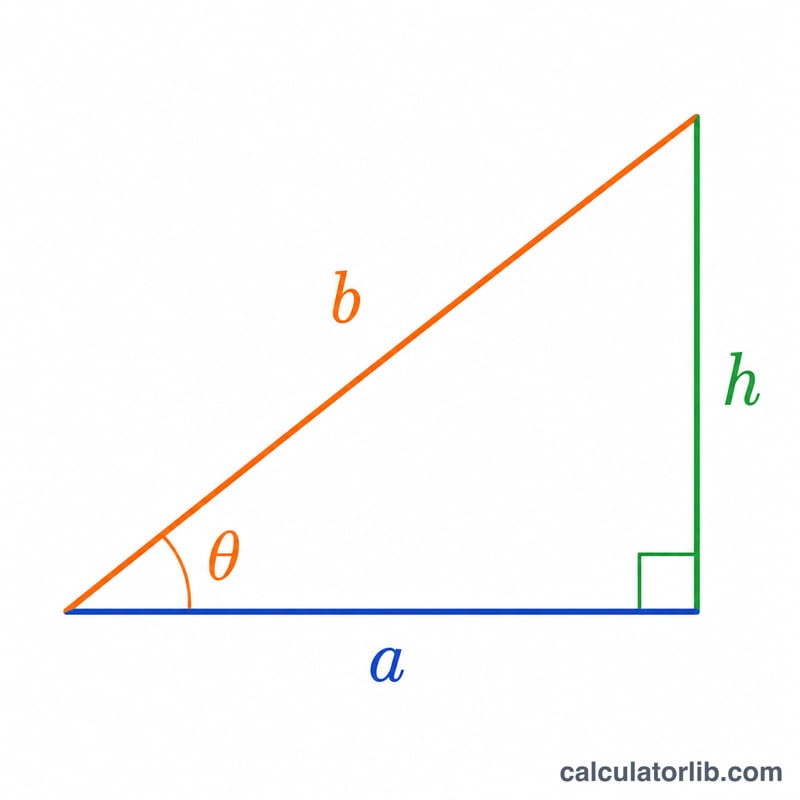 Right triangle with base a, height h, hypotenuse b, base angle theta and right angle marked