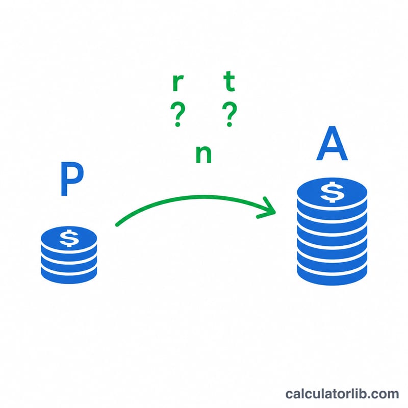 Diagram showing the compound interest formula rearranged to solve for rate r and time t