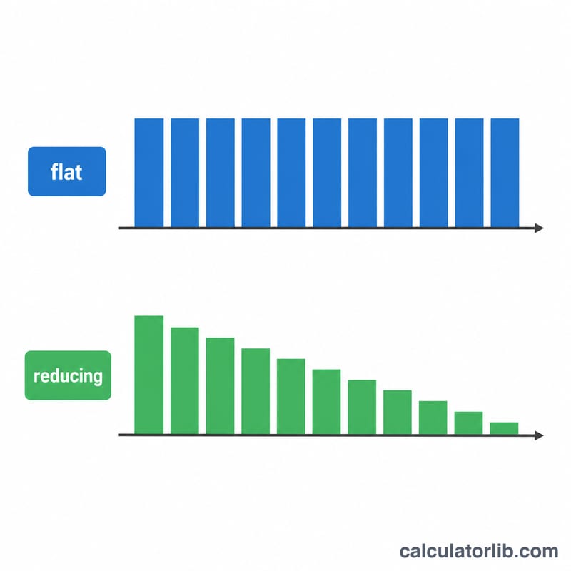 Two loan timelines comparing constant flat-rate interest bars with shrinking reducing-balance interest bars
