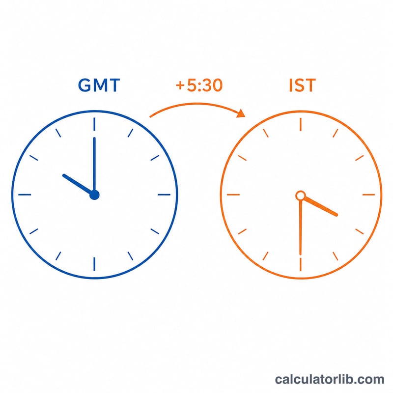 Two clock dials side by side showing a +5:30 offset between GMT and IST