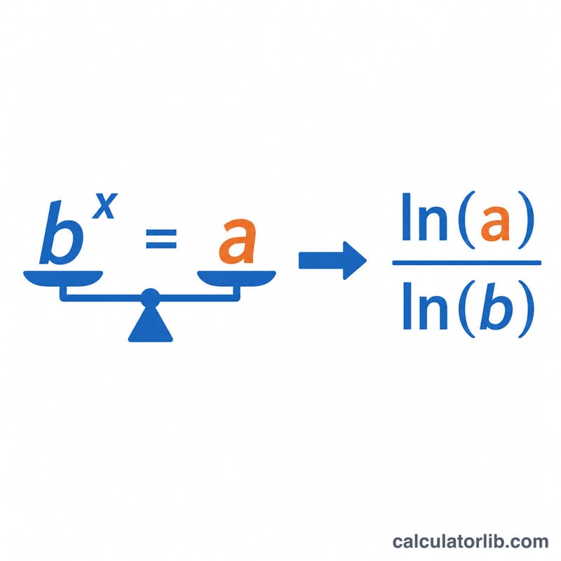 Diagram showing b^x = a transformed into x = ln(a)/ln(b)